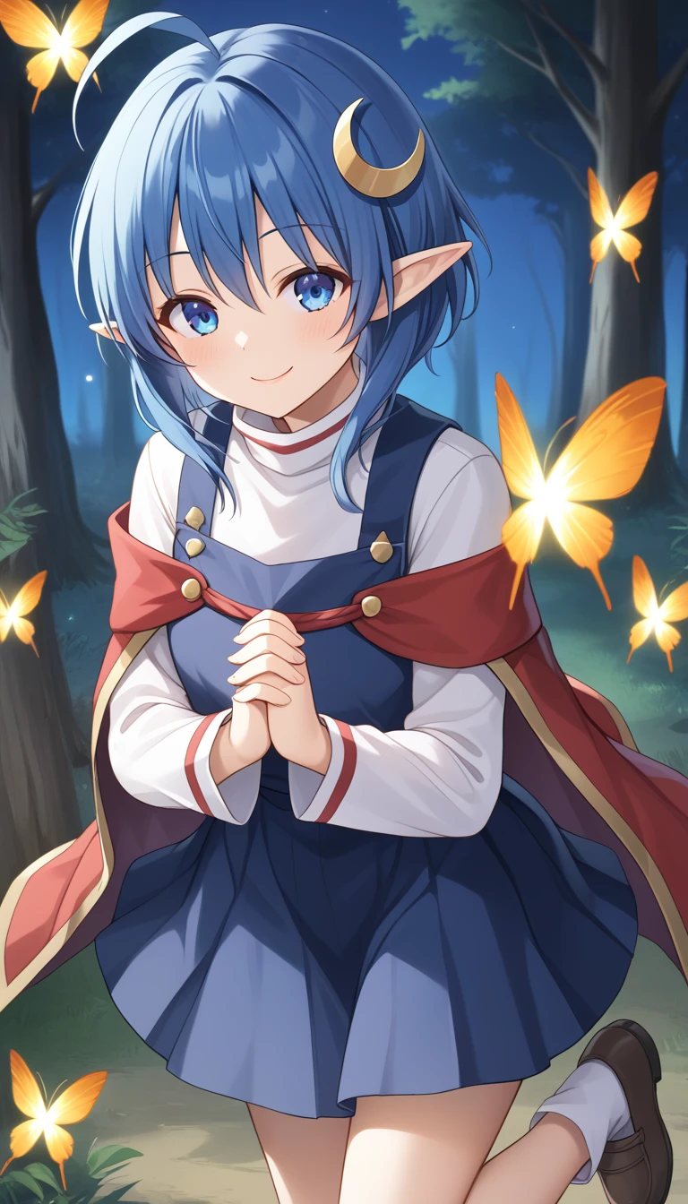 1girl, RENA LANFORD, 1GIRL, AHOGE, BLUE HAIR, SHORT HAIR, BLUE EYES, POINTY EARS
CRESCENT HAIR ORNAMENT, RED CAPE, BLUE VEST, LEATHER ARMOR, RED RIBBON, WAIST RIBBON, BLUE SKIRT, MINISKIRT, SHOES, BREAK kawaii, smile, cowboy shot, own hands clasped, forest, night, lightning bug, light particle, BREAK detailed face, smooth skin, cinematic lighting, volumetric shadow, BREAK score_9,