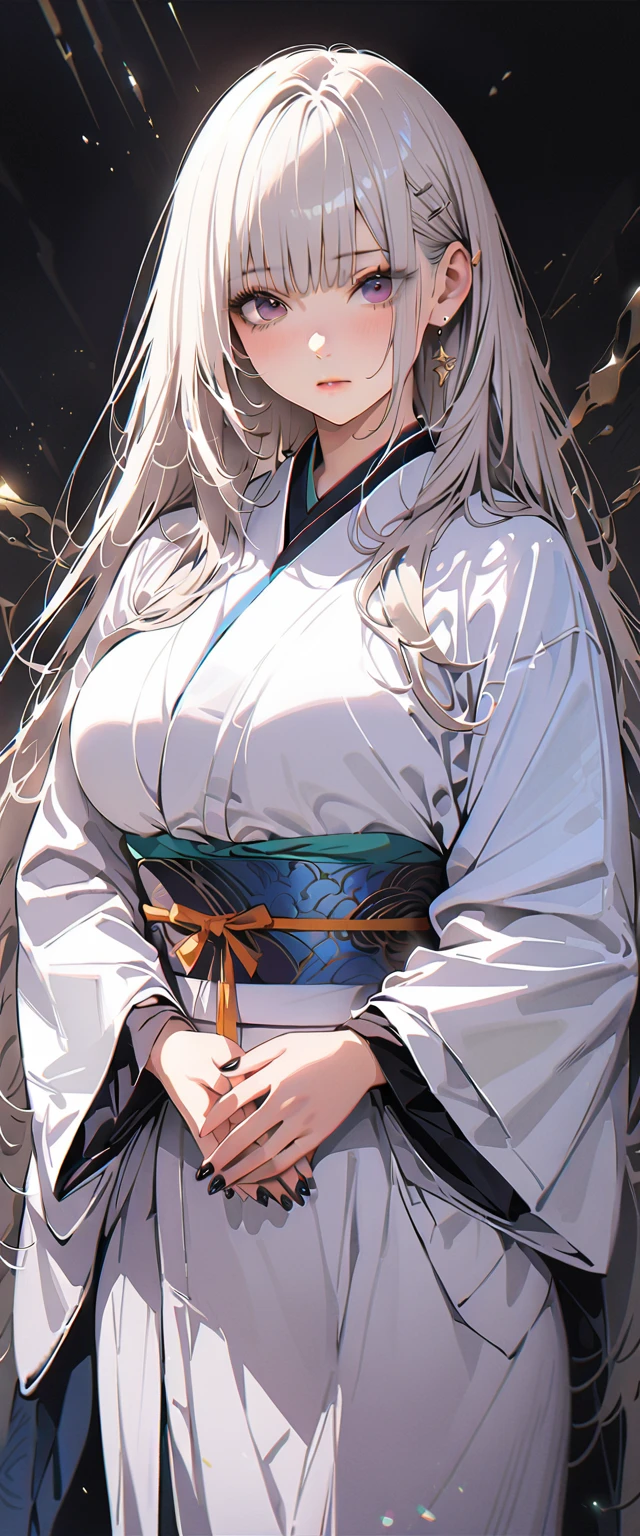 20 years old,1 mature woman,hyperrealistic, 8k, (extremely detailed 8k), (very delicate and beautiful), (masterpiece), (better quality:1.0), (ultra high resolution:1.0), (masterpiece, best quality),cute,white hair,cowboy shot,white background,realistic skin,hands together, pray,big breasts,expressionless,hime cut,black nail,extra long hair,kimono