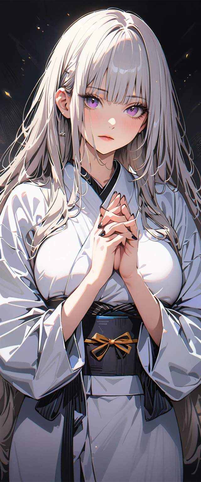 20 years old,1 mature woman,hyperrealistic, 8k, (extremely detailed 8k), (very delicate and beautiful), (masterpiece), (better quality:1.0), (ultra high resolution:1.0), (masterpiece, best quality),cute,white hair,cowboy shot,white background,realistic skin,hands together, pray,big breasts,expressionless,hime cut,black nail,extra long hair,kimono