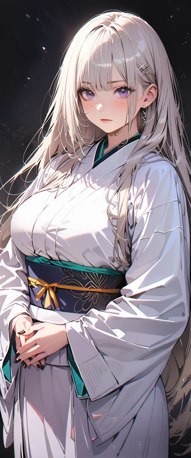 20 years old,1 mature woman,hyperrealistic, 8k, (extremely detailed 8k), (very delicate and beautiful), (masterpiece), (better quality:1.0), (ultra high resolution:1.0), (masterpiece, best quality),cute,white hair,cowboy shot,white background,realistic skin,hands together, pray,big breasts,expressionless,hime cut,black nail,extra long hair,kimono