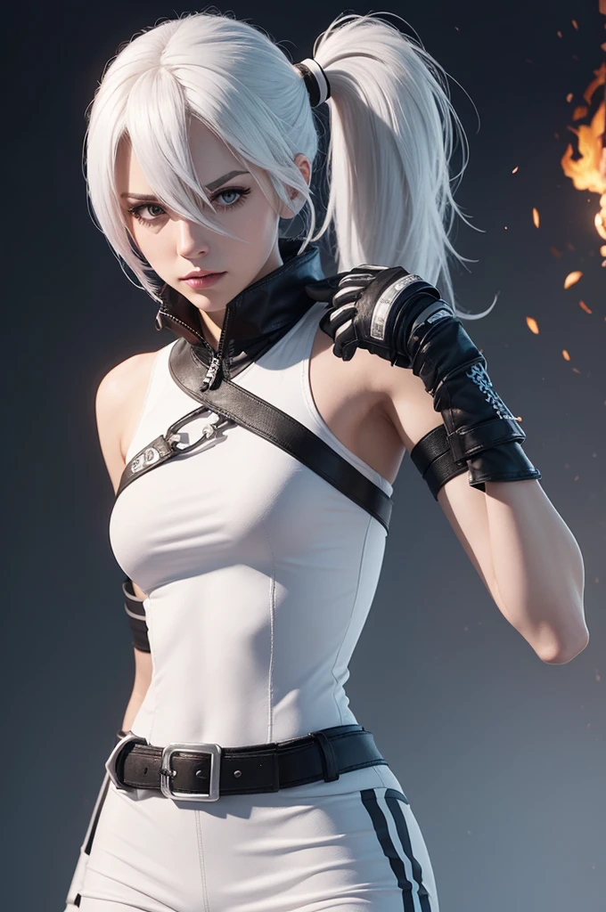 Create a female credit character with white hair in a ponytail and a skull on fire on top, a white outfit with a glove covering the entire arm and on the other arm only half of the glove
