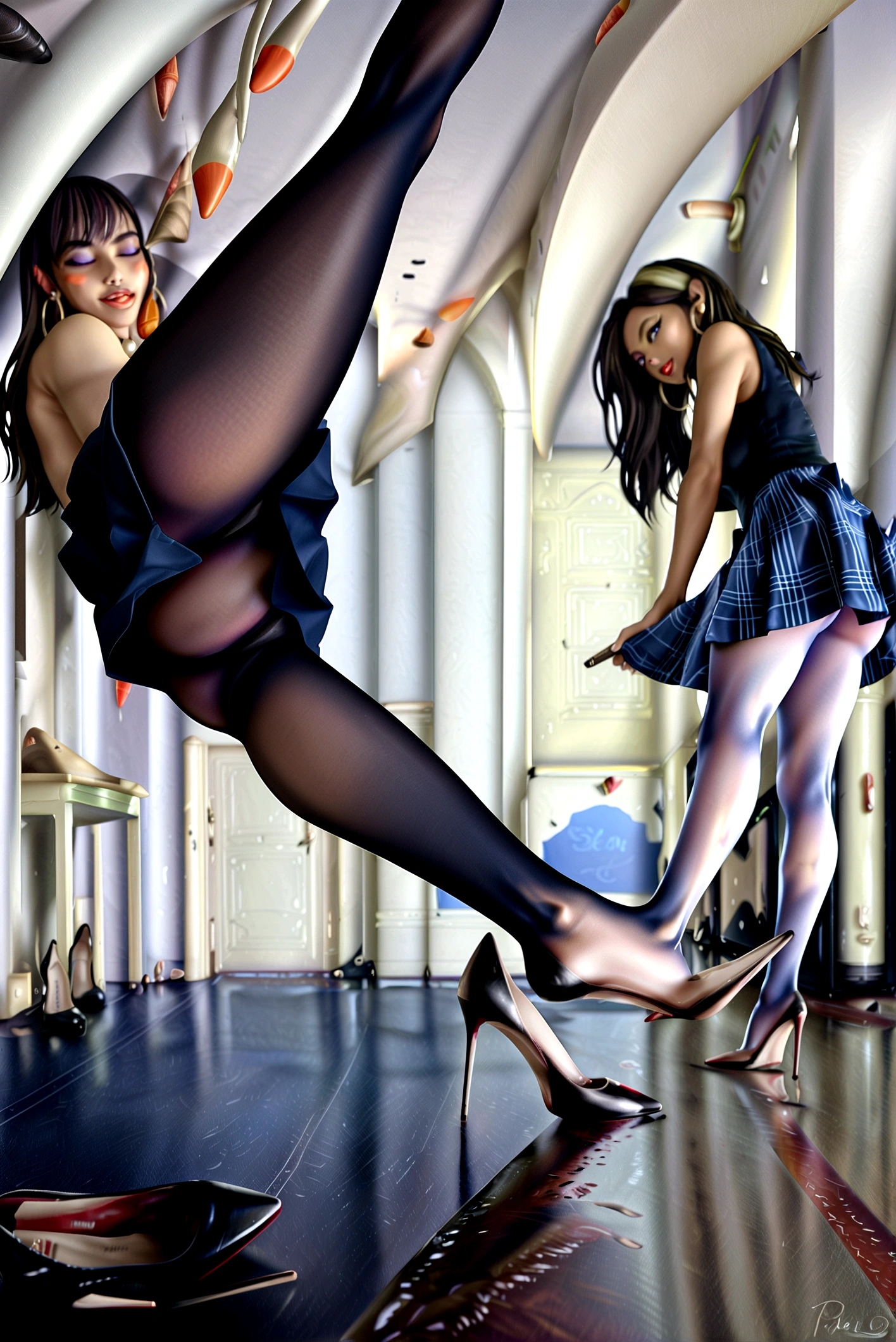 Teacher, (((twirling and playing with her Long_wavy_black_hair_bangs))), (((dark hair looks like 20 yr old Bettie Paige))), brown pantyhose, (brown_Blazer uniform_brown, school shirt, Burberry plaid_skirt, tie_black, must wear brown pantyhose tights (open legs, spread legs), up-skirt, sitting (((legs are crossed, skirt is lifted, pantyhose butt is exposed out of bottom of skirt))), (((legs crossed in sexy brown high gloss sheer pantyhose, grabbing hem of her skirt and lifting, skirt lift, pointy Christian Louboutin high heels (((shoe dangle, high heel dangles from the top of her foot))), Sexy model wearing a skimpy preppy outfit, with big hoop earrings, a pearl (large pearls) necklace, sheer tan (light brown) high gloss pantyhose, and Christian Louboutin (pointy black, shoe dangle), (((she sits on top of her desk with her legs crossed dangling her high heel shoe from her foot))) high heels, setting: rich hardwood floor, classroom, blackboard with chalk writing in background , (((legs are crossed with shoe hanging from foot)))