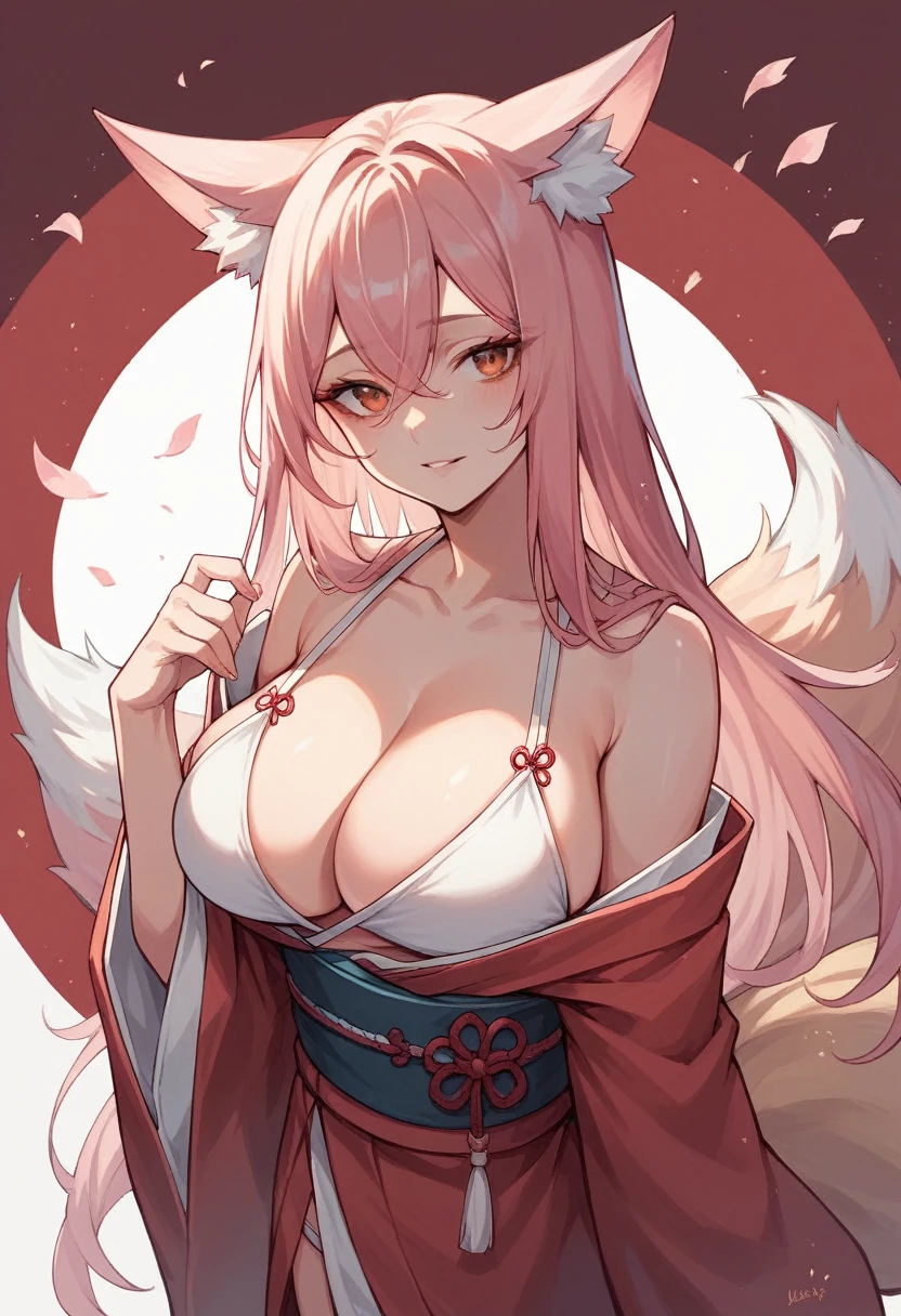 Alone kitsune, Female, fantasy race, large breasts, white bikini, pink long hair, fox ears, fox tail, open red kimono