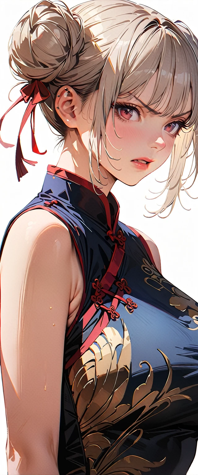 20 years old,1 mature woman,hyperrealistic, 8k, (extremely detailed 8k), (very delicate and beautiful), (masterpiece), (better quality:1.0), (ultra high resolution:1.0), (masterpiece, best quality),cute,white hair,cowboy shot,white background,realistic skin,Chinese dress,big breasts,angry,black nail,double hair buns,Combat Readiness