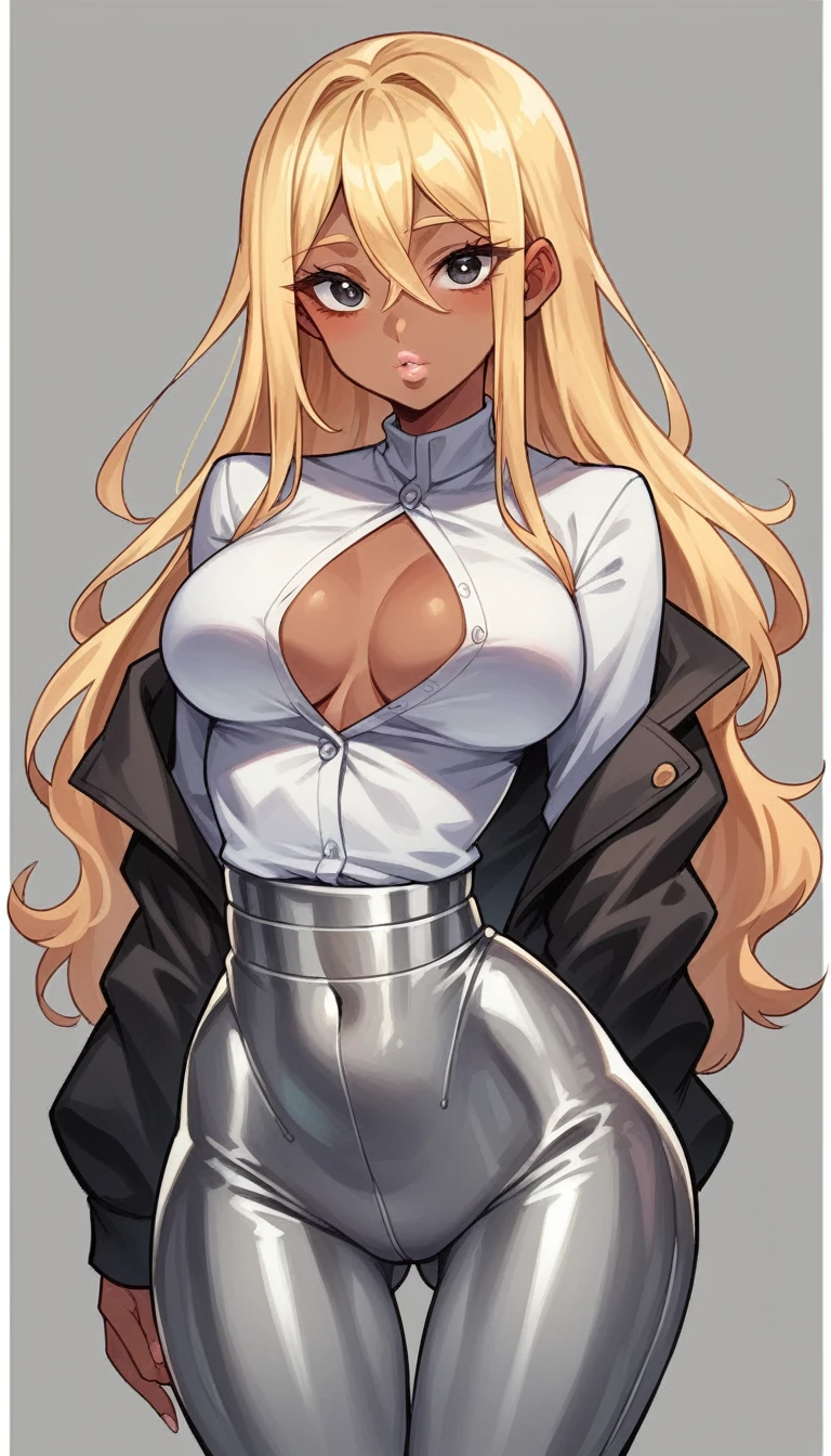 minamifuyuki, young woman with big hips, small waist, small midsection, big breasts, dark skin, long blonde hair, turqouise eyes, hot pink lips, wears a white lace button-down top tucked in, metallic iridescent pants, long black pvc jacket, cute sexy, sexy cute, thick, slim, thicc