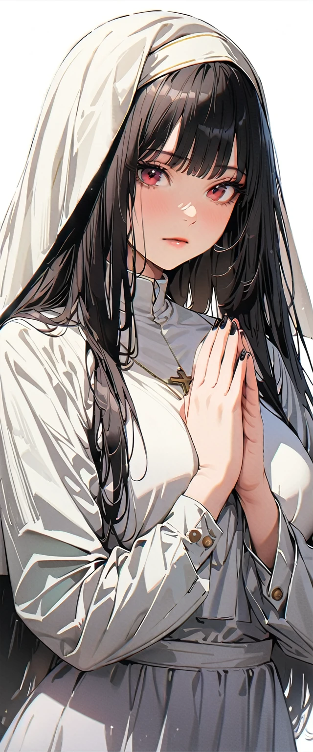 20 years,1 mature woman,hyperrealistic, 8 k, (extremely detailed 8 k), (very gentle and beautiful), (masterpiece), (better quality:1.0), (Ultra high resolution:1.0), (masterpiece, Best quality),Cute,black hair,cowboy shot,White background,realistic skin,hands together, pray,,inexpressive,hime cut,black nail,Very long hair,a nun