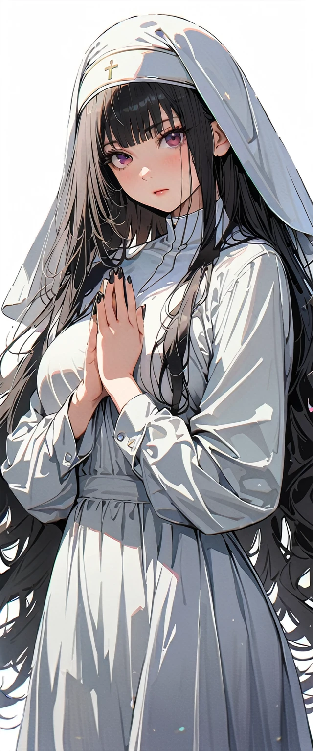 20 years old,1 mature woman,hyperrealistic, 8k, (extremely detailed 8k), (very delicate and beautiful), (masterpiece), (better quality:1.0), (ultra high resolution:1.0), (masterpiece, best quality),cute,black hair,cowboy shot,white background,realistic skin,hands together, pray,big breasts,expressionless,hime cut,black nail,extra long hair,nun