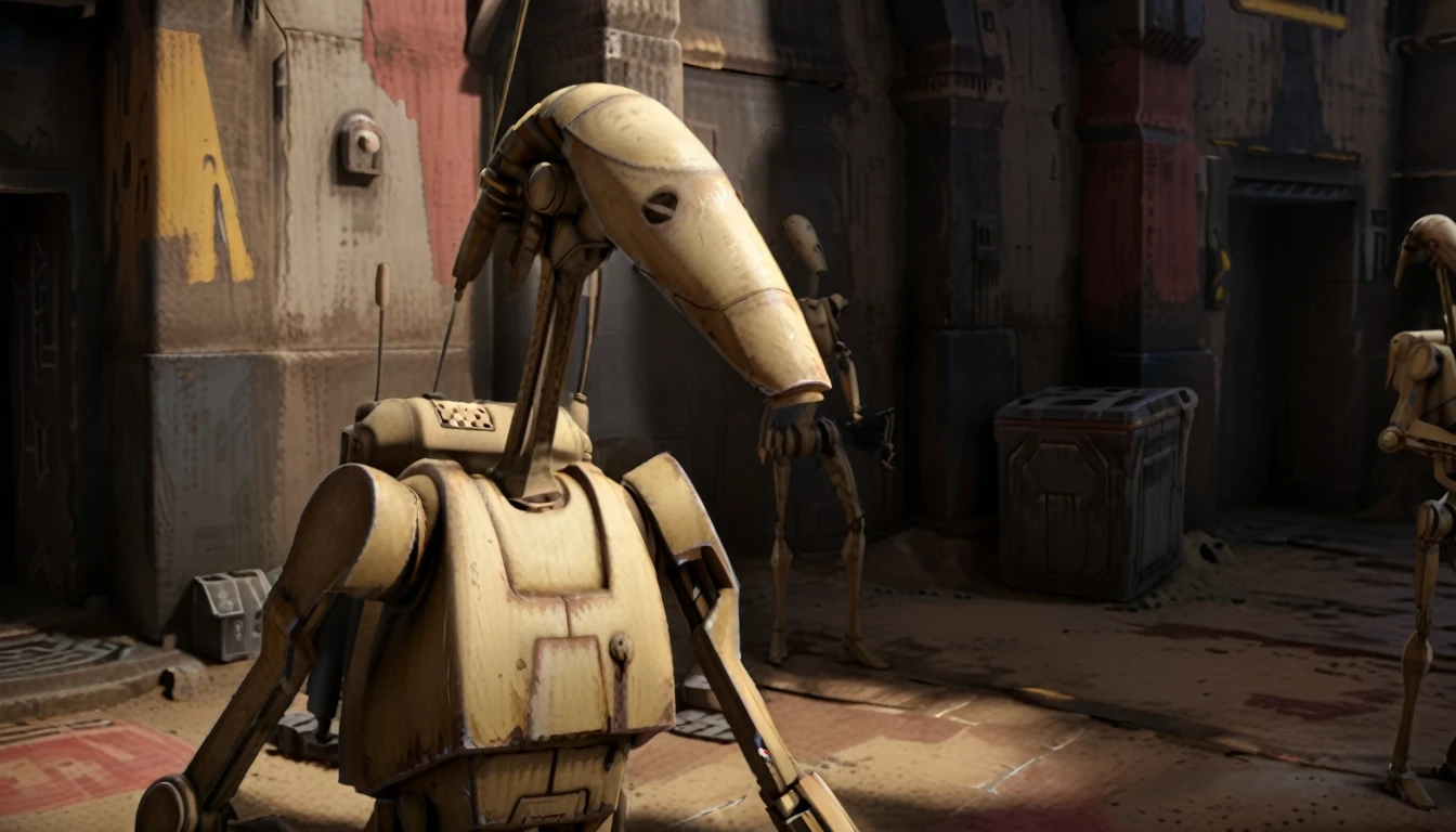 The background is blurred、(Masterpiece、８ｋ、Very detailed and well written、Is being rendered、UE5.0、Best lighting and shadows)、(A B1 battle droid painted for the Rebels)、Star Wars universe、unmanned