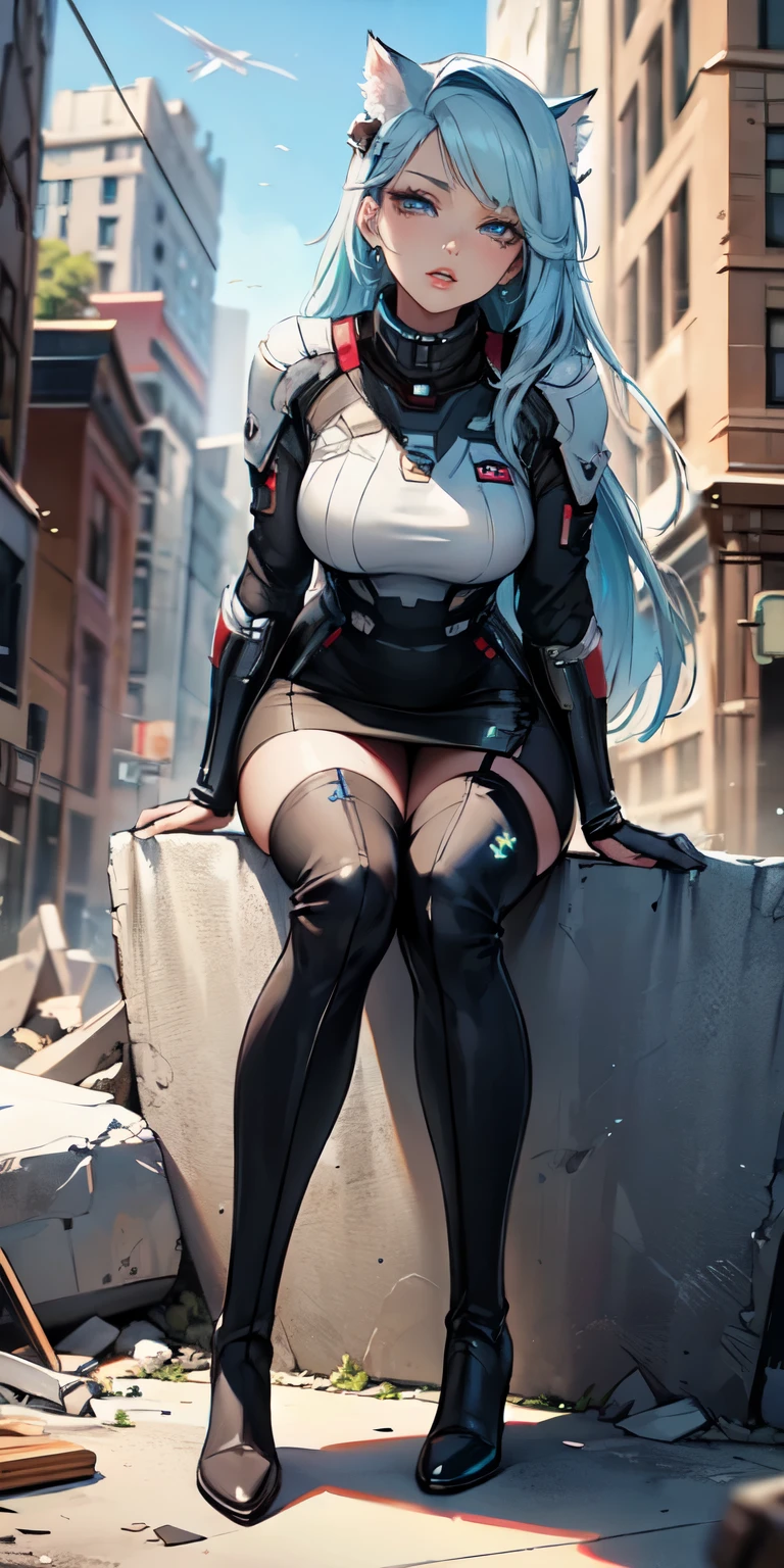 Masterpiece, beautiful art, 8k, art style by sciamano240, very detailed face, detailed clothes, detailed fabric, 1girl, beautiful face, asymmetrical long hair, light blue hair, wearing mass effect armor , sitting on rubble , leaning forward, tight pencil skirt, thigh boots , very detailed blue cat eyes, serious expression, destroyed city, full body view,
