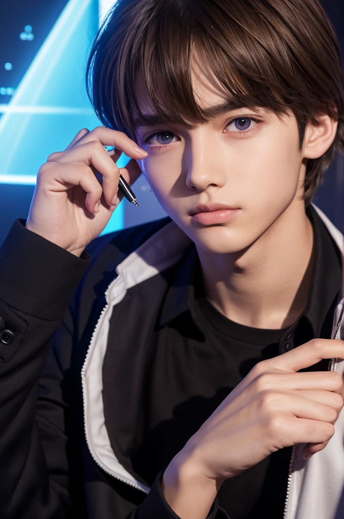 Best quality, refreshing boy, 16 years old, slender, brown hair, purple eyes, cyber laboratory, dark future laboratory, cyber dark room, researcher, white lab coat, biting pen with left hand, left hand biting ballpoint pen with teeth, left hand biting ballpoint pen, left hand holding pen, thinking, thinking, body facing right, sitting on luxurious black chair