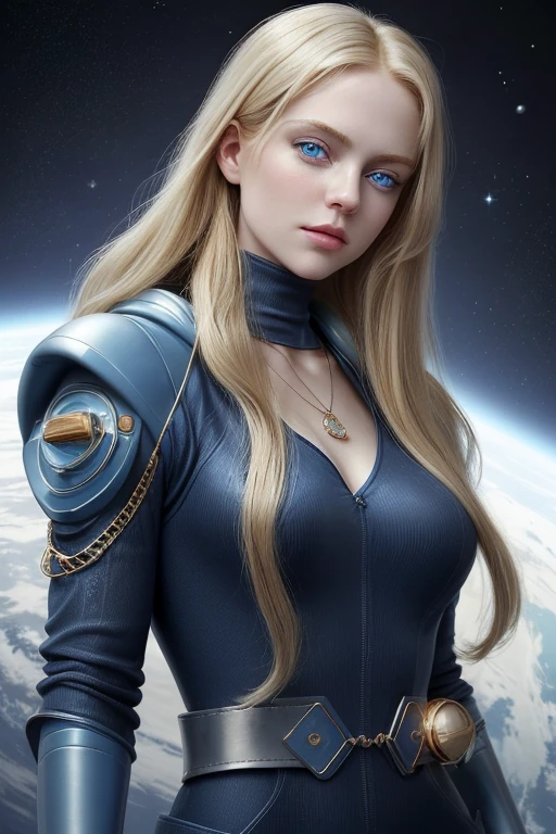 Anastasia had long, blonde hair, deep blue eyes that reflected his intelligence and determination. She had fair skin, voluptuous body and an upright posture that conveyed confidence. Anastasia always wore a necklace with a pendant that belonged to her mother., a symbol of their commitment to the fight against tyranny. He wore a modern space suit, glued to the body which brought greater mobility, with accessories on your waist.  fully body