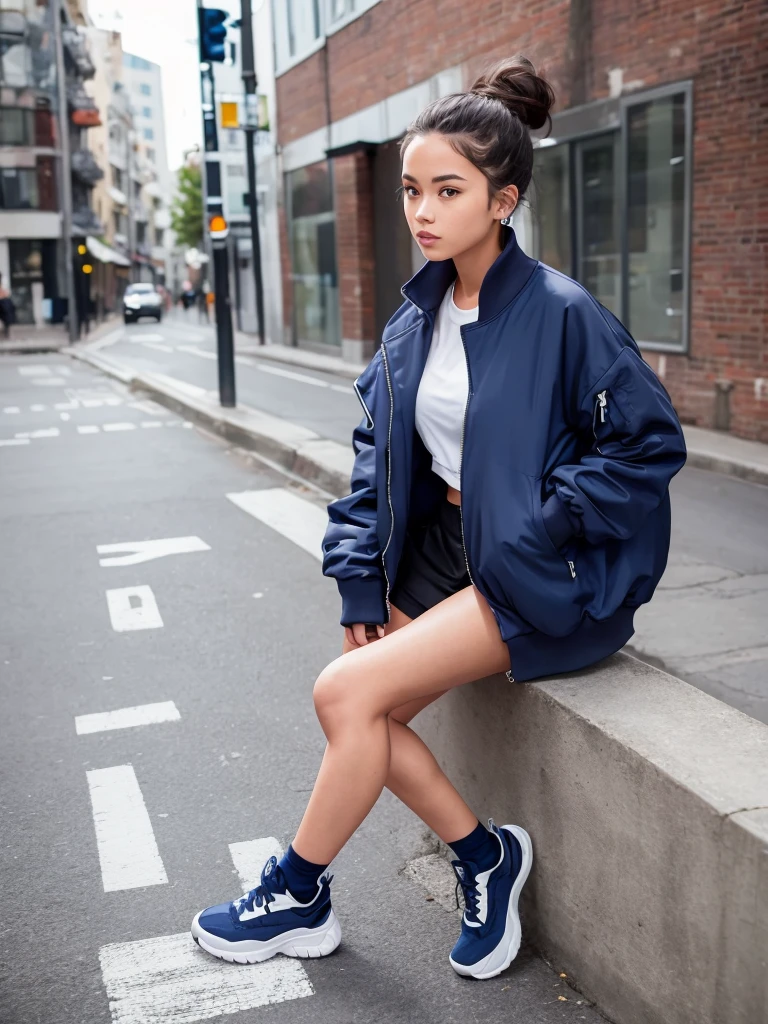 Street style: Girl with messy bun wearing oversized cool navy track jacket, urban setting