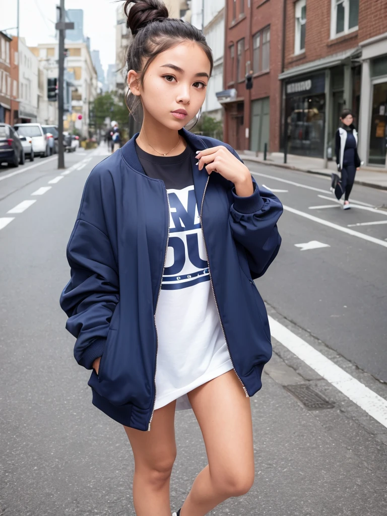 Street style: Girl with messy bun wearing oversized cool navy track jacket, urban setting