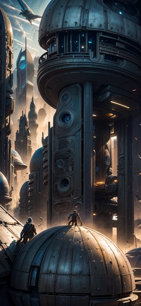 there is a painting of a futuristic city with a giant robot head, jodorowsky's dune, insanely detailed matte painting, peter gric and dan mumford, intricate matte painting, jodorowsky's dune movie, style of john harris, jean giraud 8 k, hyperdetailed matte painting, intricate environments, stunning sci-fi concept art, cgsociety )