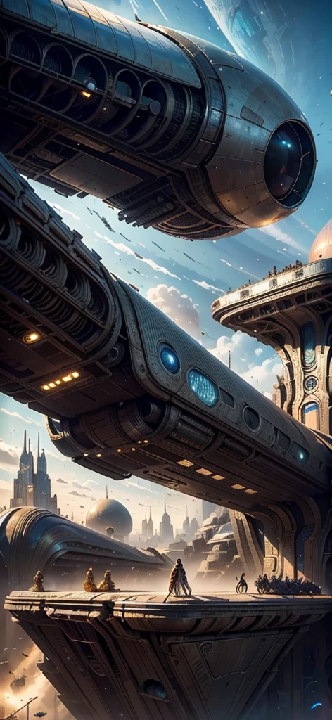 there is a painting of a futuristic city with a giant robot head, jodorowsky's dune, insanely detailed matte painting, peter gric and dan mumford, intricate matte painting, jodorowsky's dune movie, style of john harris, jean giraud 8 k, hyperdetailed matte painting, intricate environments, stunning sci-fi concept art, cgsociety )