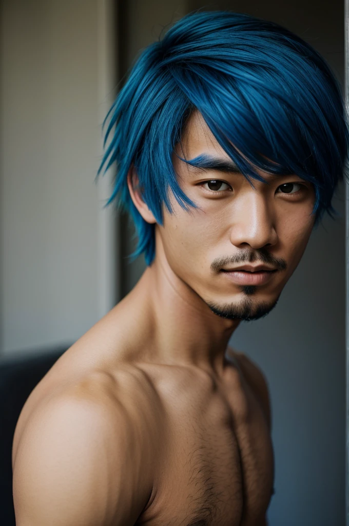 blue haired boy , Asian