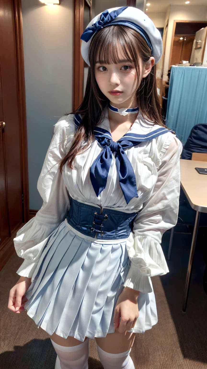 (absurdres:1.3), (highres:1.3), (ultra detailed:1.3),(1girl:1.3), (extremely detailed CG unity 8k wallpaper:1.3), (detailed skin texture, detailed cloth texture, detailed hair texture), (beautiful detailed face, supermodel, pale skin, realistic glistening skin), (RAW photo, best quality), (realistic, photo-realistic:1.4), masterpiece, extremely delicate and beautiful,Amazing, finely detail, extremely detailed CG unity 8k wallpaper, huge filesize, ultra-detailed, highres, absurdres, soft light,rim light, vibrant details, hotel room, straight hair, large breasts, black hair color, Big Natural Color Lip, (perfect body shape), beautiful legs, (white (skirt, pleated skirt):1.5), (white beret with light-blue ribbon:1.4), (blue sailor collar:1.4), (white shirt:1.4), (double-breasted on deep-blue waist cincher:1.3), (short bishop-sleeve:1.3), (light-blue ribbon:1.3), ((white socks, loafers):1.2), crying a little、Harajuku style、20 year old girl、cute type、lolita、