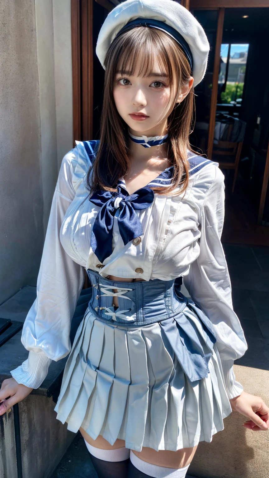 (absurdres:1.3), (highres:1.3), (ultra detailed:1.3),(1girl:1.3), (extremely detailed CG unity 8k wallpaper:1.3), (detailed skin texture, detailed cloth texture, detailed hair texture), (beautiful detailed face, supermodel, pale skin, realistic glistening skin), (RAW photo, best quality), (realistic, photo-realistic:1.4), masterpiece, extremely delicate and beautiful,Amazing, finely detail, extremely detailed CG unity 8k wallpaper, huge filesize, ultra-detailed, highres, absurdres, soft light,rim light, vibrant details, hotel room, straight hair, large breasts, black hair color, Big Natural Color Lip, (perfect body shape), beautiful legs, (white (skirt, pleated skirt):1.5), (white beret with light-blue ribbon:1.4), (blue sailor collar:1.4), (white shirt:1.4), (double-breasted on deep-blue waist cincher:1.3), (short bishop-sleeve:1.3), (light-blue ribbon:1.3), ((white socks, loafers):1.2), crying a little、Harajuku style、20 year old girl、cute type、ta、