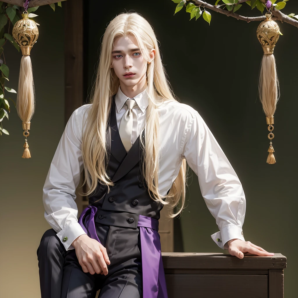 German ethnic boy with long blonde hair, long lock hanging in front, pale skin, green left eye, purple right eye, hairless skin, White shirt, elegant brown suit, Black pants, with a perfect face, handsome, attractive, with a gentle and dominant aura