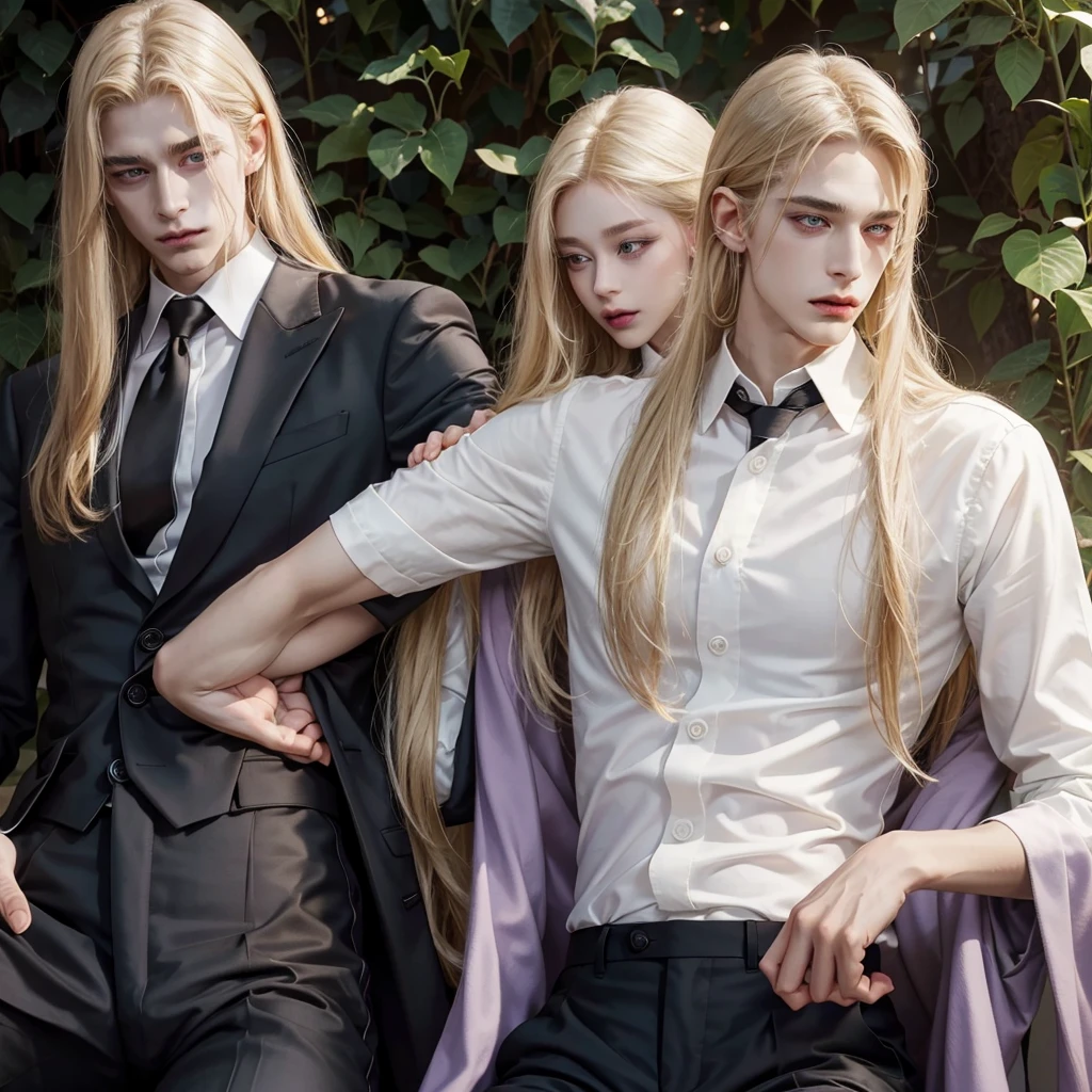 German ethnic boy with long blonde hair, long lock hanging in front, pale skin, green left eye, purple right eye, hairless skin, White shirt, elegant brown suit, Black pants, with a perfect face, handsome, attractive, with a gentle and dominant aura