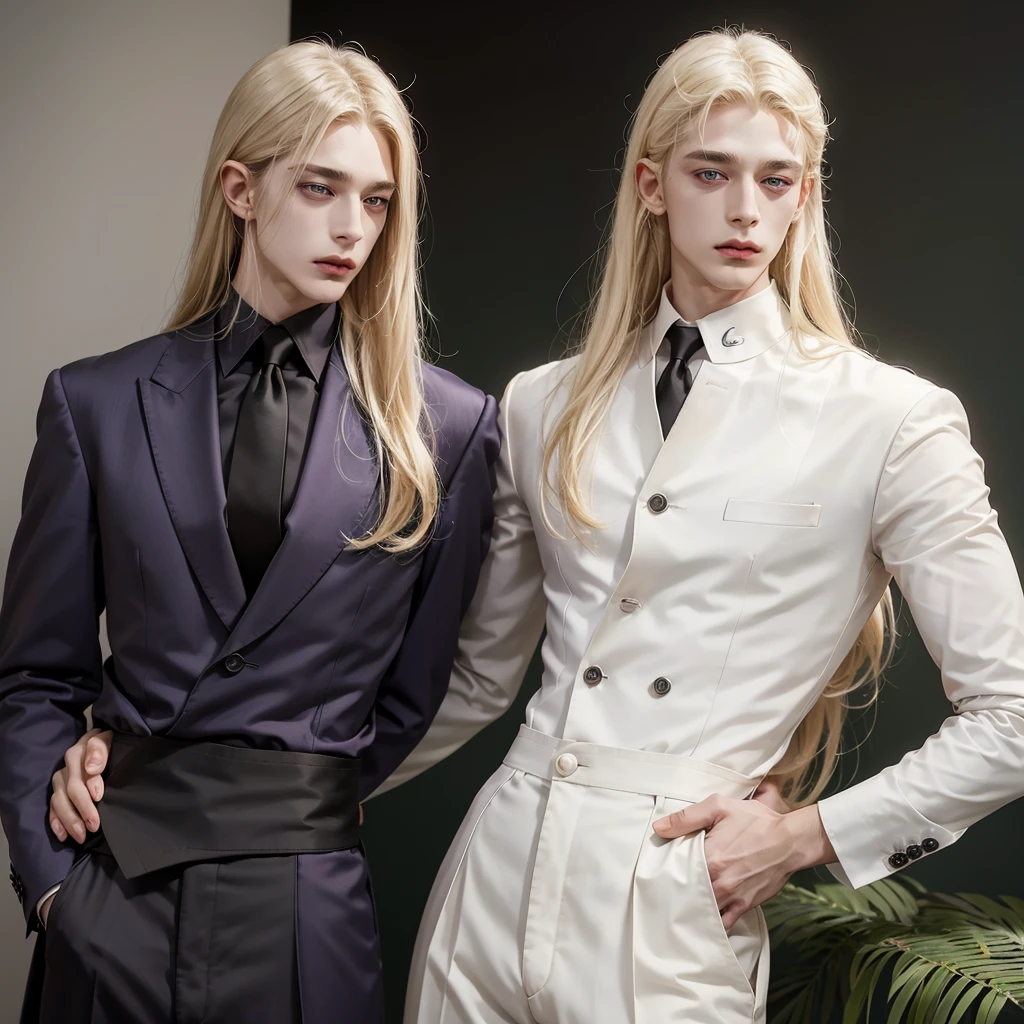 an androgynous woman with albino masculine features with long hair with her husband next to her, albino in appearance and similar features, both highly handsome.