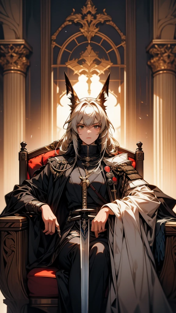 Close-up of a person sitting on a chair holding a sword, Inspired by Le Chevalier, From Arknights, from Girls&#39; Frontline, nier 2b ..., Never love yourself, Fine details. Girls&#39; Frontline, 2b nier automata, 2b ..., 2b, Girls&#39; Frontline cg, White-haired God, Girls&#39; Frontline style, Kschaert Krentz Key Art Feminine