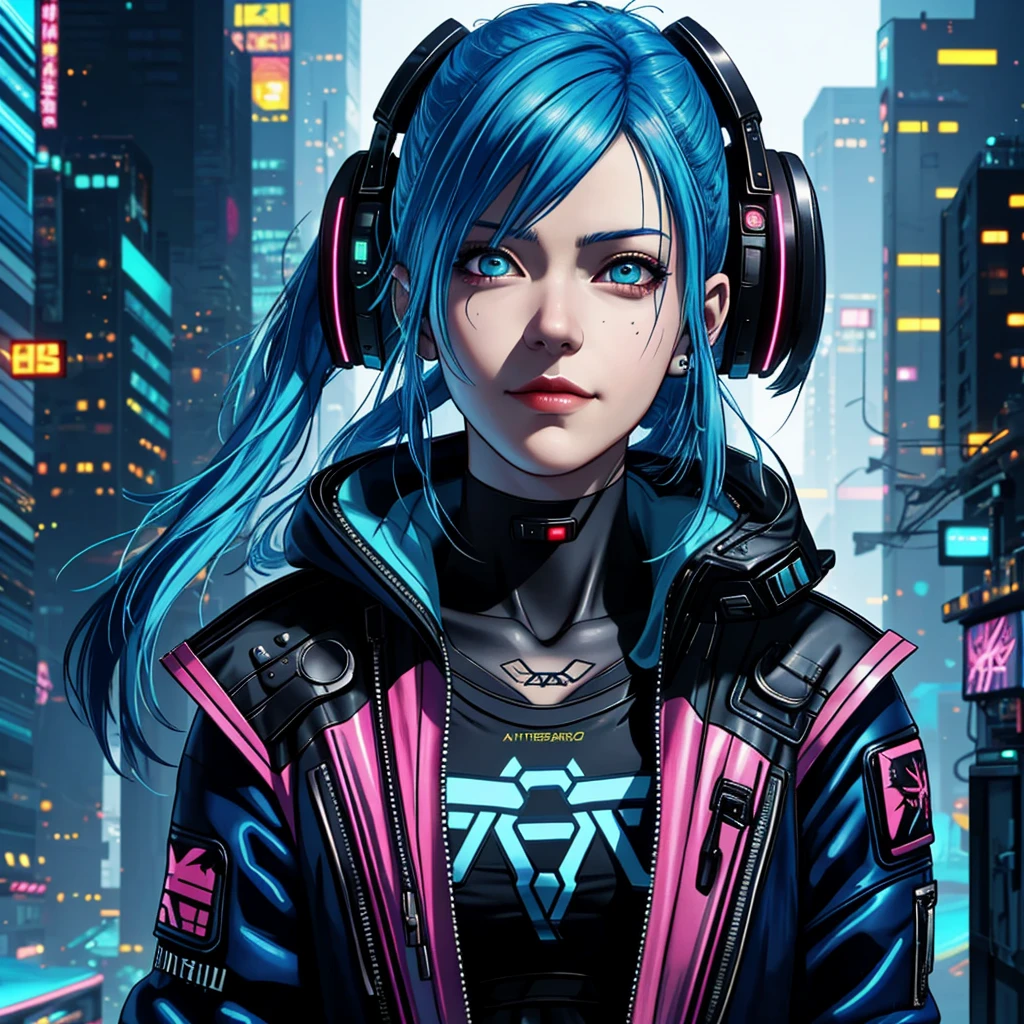 there is a woman with blue hair and a jacket, hyper-realistic cyberpunk style, realistic art style, Retrato ciberpunk, 🤤 portrait of , cyberpunk artstyle, cyberpunk anime digital art, Retrato de RossDraws, garota cyberpunk sonhadora, the cyberpunk portrait of , portrait of cg society, cyberpunk style ， hyper realist, realism art style, photorealistic art style, rossdraws pastel vibrante, smiling, 