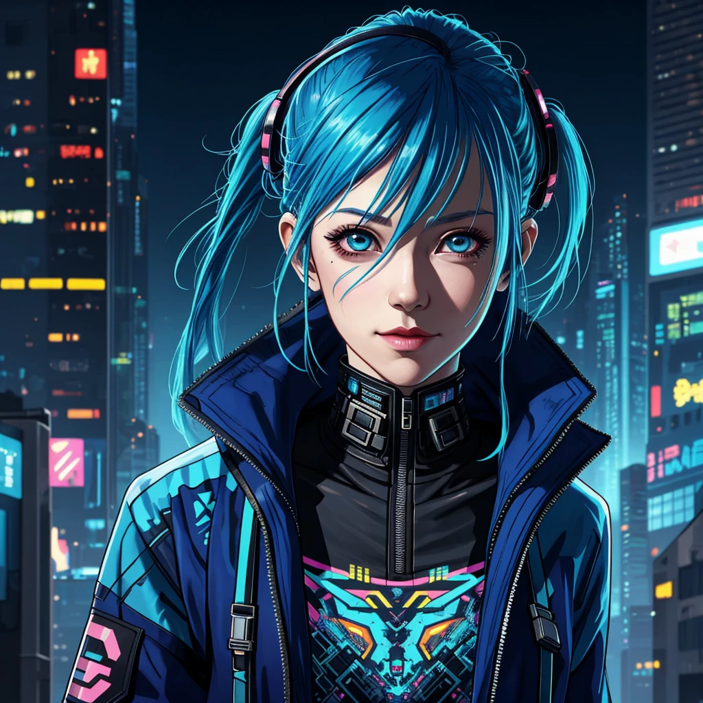 there is a woman with blue hair and a jacket, hyper-realistic cyberpunk style, realistic art style, Retrato ciberpunk, 🤤 portrait of , cyberpunk artstyle, cyberpunk anime digital art, Retrato de RossDraws, garota cyberpunk sonhadora, the cyberpunk portrait of , portrait of cg society, cyberpunk style , hyper realist, realism art style, photorealistic art style, rossdraws pastel vibrante, smiling,