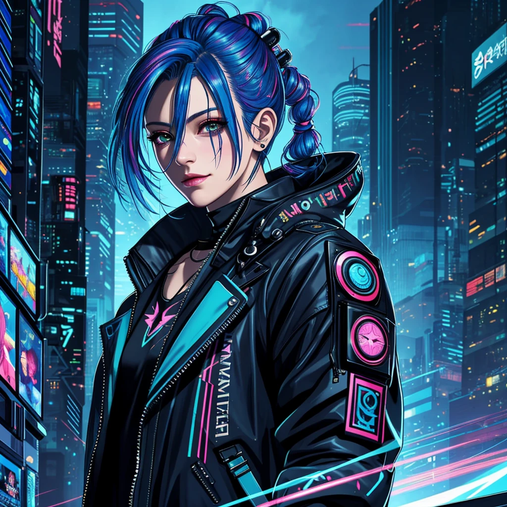 there is a woman with blue hair and a jacket, hyper-realistic cyberpunk style, realistic art style, Retrato ciberpunk, 🤤 portrait of , cyberpunk artstyle, cyberpunk anime digital art, Retrato de RossDraws, garota cyberpunk sonhadora, the cyberpunk portrait of , portrait of cg society, cyberpunk style , hyper realist, realism art style, photorealistic art style, rossdraws pastel vibrante, smiling,