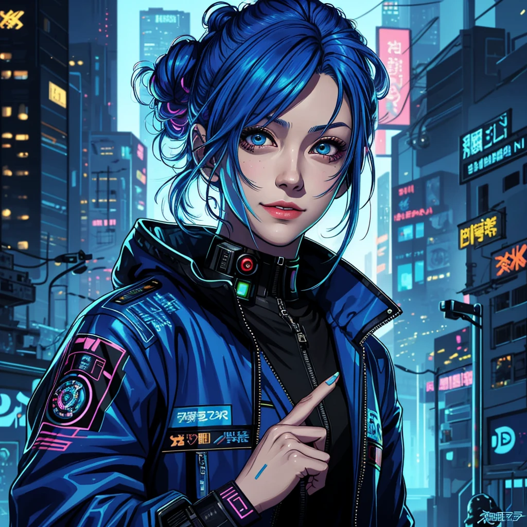 there is a woman with blue hair and a jacket, hyper-realistic cyberpunk style, realistic art style, Retrato ciberpunk, 🤤 portrait of , cyberpunk artstyle, cyberpunk anime digital art, Retrato de RossDraws, garota cyberpunk sonhadora, the cyberpunk portrait of , portrait of cg society, cyberpunk style , hyper realist, realism art style, photorealistic art style, rossdraws pastel vibrante, smiling,