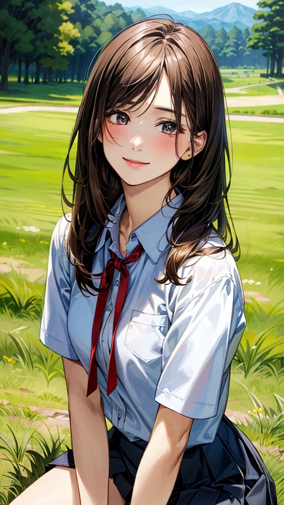 (masterpiece:1.2, top-quality, ultra high res, ultra detailed), (realistic, photorealistic:1.4), beautiful illustration, (natural side lighting, movie lighting), 
looking at viewer, (face focus, upper body), 1 girl, japanese, high school dirl, perfect face, (perfect anatomy), cute and symmetrical face, , shiny skin, slender
(long hair:1.5, straight hair:1.2, sark brown hair), parted bangs, grey eyes, long eye lasher, (medium breasts), 
beautiful hair, beautiful face, beautiful detailed eyes, beautiful clavicle, beautiful body, beautiful chest, beautiful thigh, beautiful legs, 
((detailed cloth texture, short sleeve white collared shirts, navy blue pleated mini skirt, red neck ribbon), , , 
(beautiful scenery), hands on chest, (lovely smile, upper eyes), 

In a grassy meadow, a girl is on all fours, being held by a large dog in heat from behind, on her back, and mating.
Her face is bright red and she looks embarrassed.
The skirt was so short that it was almost impossible to see.