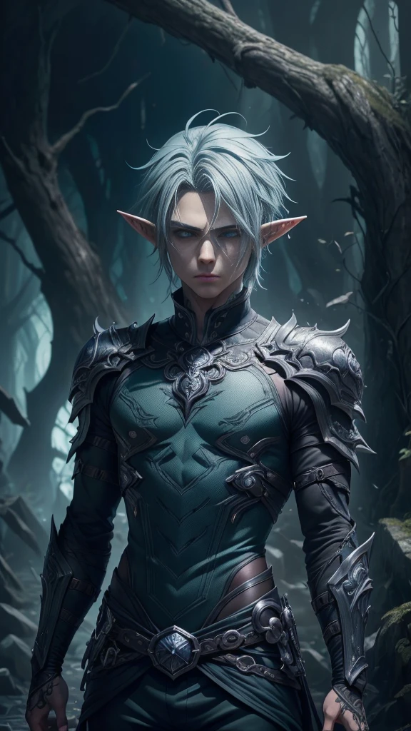 a young elf boy with emo style, short grayish-blue hair, clean-shaven face, (best quality,4k,8k,highres,masterpiece:1.2),ultra-detailed,(anime:1.37),detailed facial features, piercing eyes, delicate facial structure, detailed clothing, dark outfit, moody expression, fantasy character, dark fantasy,dark moody lighting,cinematic lighting