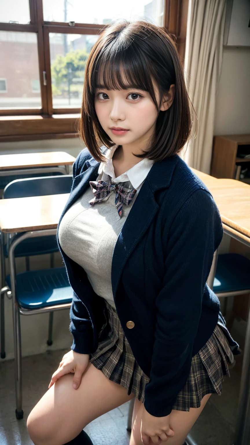 masterpiece, best quality, illustration, Super detailed, fine details, High resolution, 8K,wall paper, perfect dynamic composition,(Details High quality, realistic depiction of eyes:1.3), from side, High School Classroom、High school girl uniform、blazer 、Super Short Check Uniform Skirt、Navy blue high socks、garterbelts、Colossal tits、Disturbed uniform, short bob hair, black hair color, large breasts, Big Natural Color Lip, bold sexy pose, (perfect body shape), crying a little、cold gaze, Harajuku style、20 year old girl、cute type, beautiful legs, hposing Gravure Idol, Voluptuous thighs