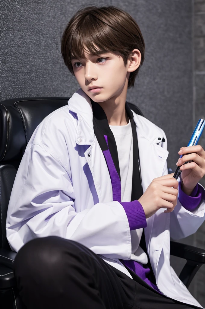 Best quality, refreshing boy, 16 years old, slender, brown hair, purple eyes, cyber laboratory, dark future laboratory, cyber dark room, researcher, white lab coat, biting pen with left hand, left hand biting ballpoint pen with teeth, left hand biting ballpoint pen, left hand holding pen, thinking, thinking, body facing right, sitting on luxurious black chair