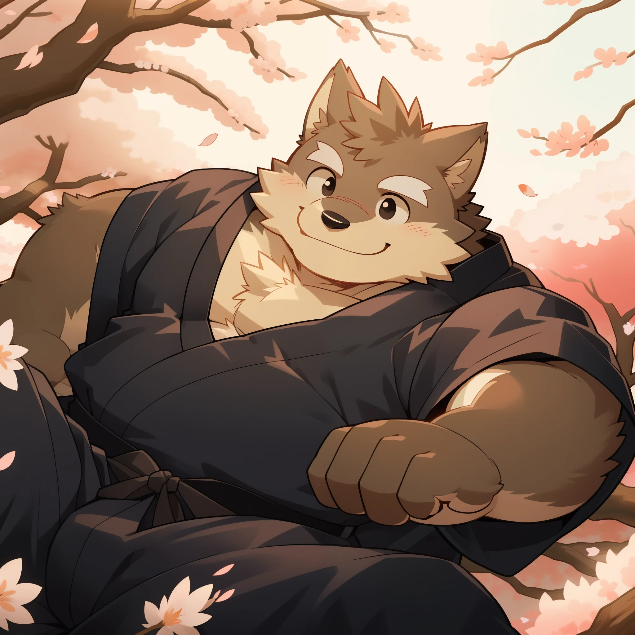 Scribble 黑色柴dog face,Cute face,Humanity(dog),(Black Kimono:1.3),Chubby,(White eyebrows:1.1),(Perfect black eyes),(artist:Takemoto Arashi),(Bulging buttocks),Cherry blossoms,Lying position,Smile,Wolf Tail。