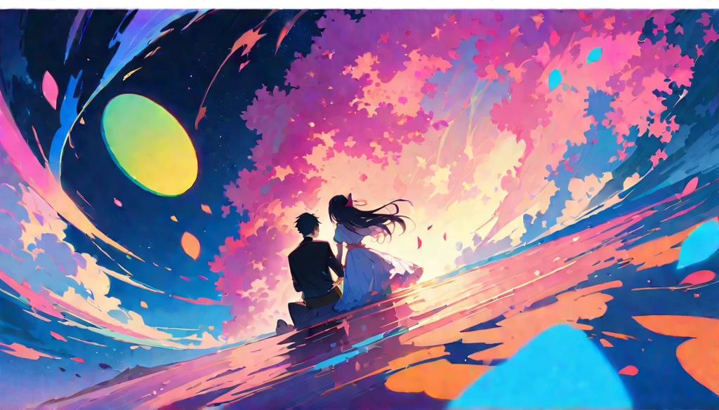 A couple sits on the edge of an endless sea made entirely of pink lotus flowers, with their backs to each other and facing away. The bright moon shines before them, creating a romantic atmosphere. This is illustrated in the style of anime art with a touch of illustration. It features vibrant colors and a night scene, with neon lights shining through the petals. One hand holds a bouquet of roses, while another person holds hands with their lover, focusing on their face.ray tracing,{best quality}, {{masterpiece}}, {highres}, original, extremely detailed 8K wallpaper, {an extremely delicate and beautiful},,incredibly_absurdres,colorful,intricate detail,artbook,