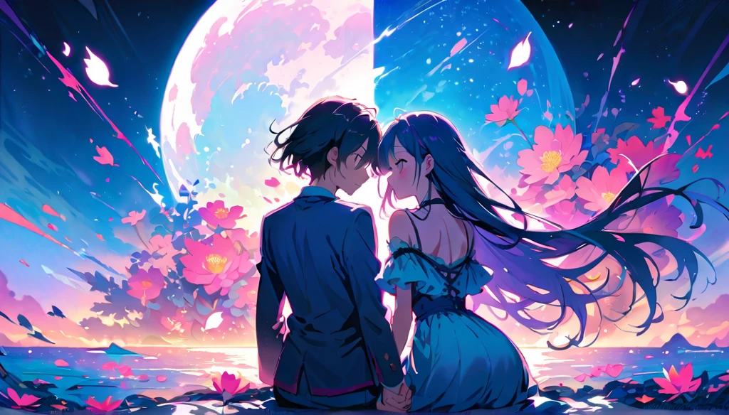 A couple sits on the edge of an endless sea made entirely of pink lotus flowers, with their backs to each other and facing away. The bright moon shines before them, creating a romantic atmosphere. This is illustrated in the style of anime art with a touch of illustration. It features vibrant colors and a night scene, with neon lights shining through the petals. One hand holds a bouquet of roses, while another person holds hands with their lover, focusing on their face.ray tracing,{best quality}, {{masterpiece}}, {highres}, original, extremely detailed 8K wallpaper, {an extremely delicate and beautiful},,incredibly_absurdres,colorful,intricate detail,artbook,
