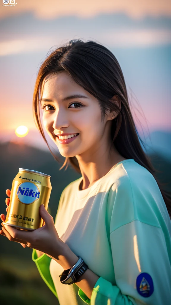 8K,Japanese woman watching the sunset,Super Beauty(Like the real thing),nice,Middle-aged women,Mountain Observation Deck,Portraiture, The perfect angle、Professional quality high resolution、Perfect contrast、Perfect lighting、Perfect composition、Perfect Skin、Perfect Fingers、Perfect breasts、Perfect Hair、Perfect Face、Realistic Facial Features,masterpiece,Photorealistic raw photos,Bright colors,Rich colors,50mm lens,Nikon D850,Highest quality,Slim figure,Perfect body line,Perfect hand shape,Anatomical Body Balance,Highly detailed face,Highly detailed eyes,Beautiful Lips,Excellent light particles,Cinema Lighting,Outdoor Clothing,compensate,Outdoor Clothing,smile,Holding a can of beer in one hand,