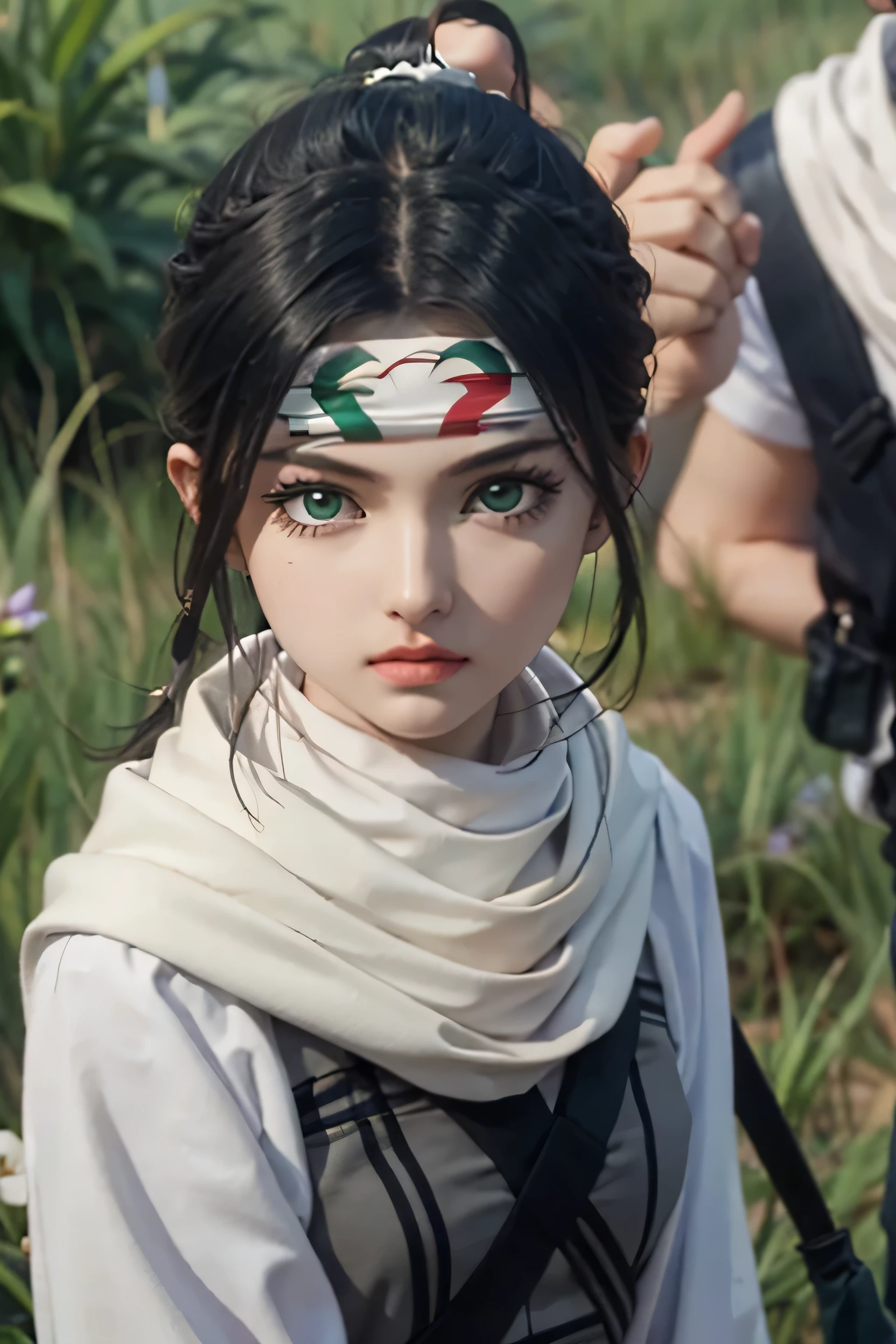 ((masterpiece、Highest quality、Super detailed))、1 girl、solo、scarf、head band、arms、Best Quality、Black Hair、Braid、ponytail、Green Eyes、Headband、whole body、action、looking at the camera、grassland