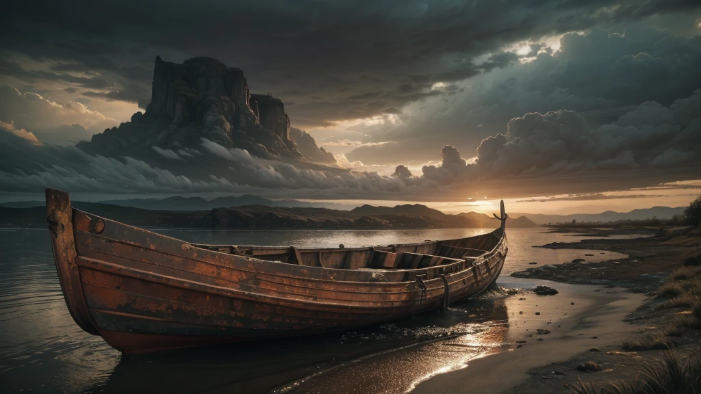 a large rust-covered boat on the edge of a stream, intricate details, hyper realistic, 8k, dramatic lighting, dramatic clouds, cinematic composition, moody atmosphere, muted color palette, photorealistic, masterpiece
