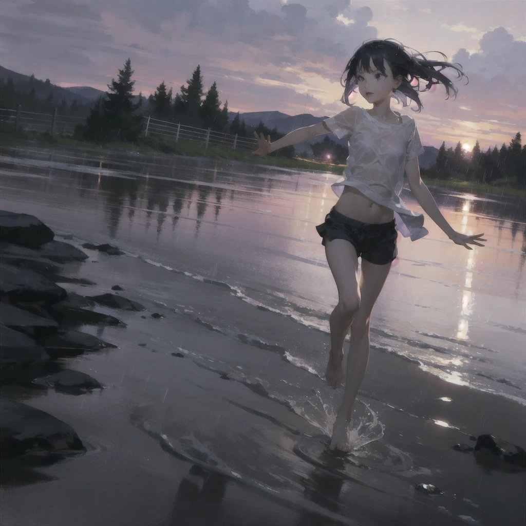 a thin girl with an exquisite, very beautiful face runs in the rain, purple wild sky, streams of rain, barefoot