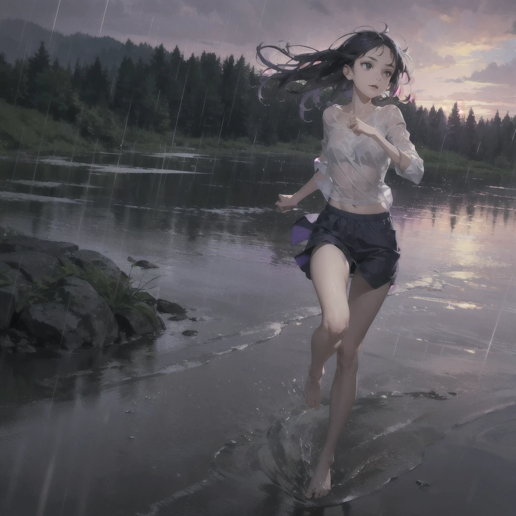 a thin girl with an exquisite, very beautiful face runs in the rain, purple wild sky, streams of rain, barefoot