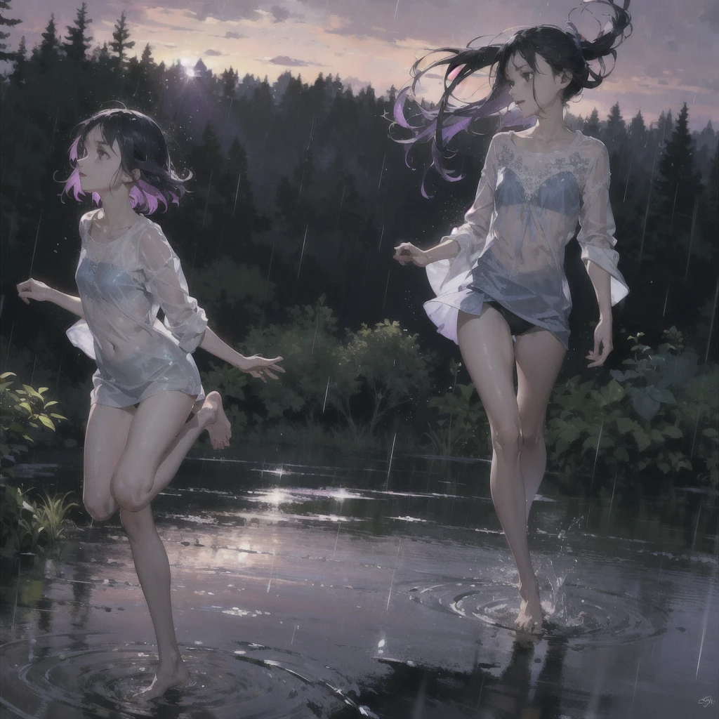 a thin girl with an exquisite, very beautiful face runs in the rain, purple wild sky, streams of rain, barefoot