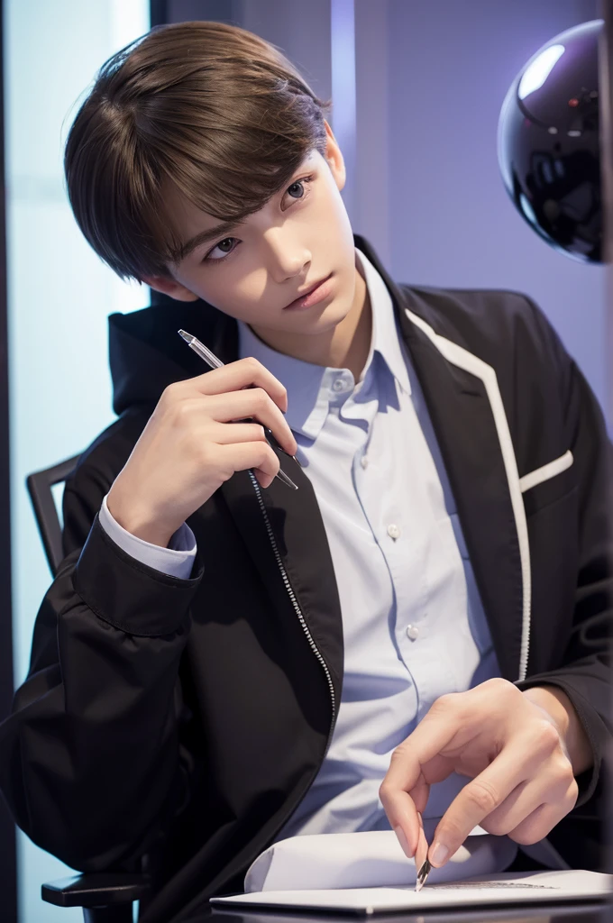 Best quality, refreshing boy, 16 years old, slender, brown hair, purple eyes, cyber laboratory, dark future laboratory, cyber dark room, researcher, white lab coat, biting pen with left hand, left hand biting ballpoint pen with teeth, left hand biting ballpoint pen, left hand holding pen, thinking, thinking, body facing right, sitting on luxurious black chair