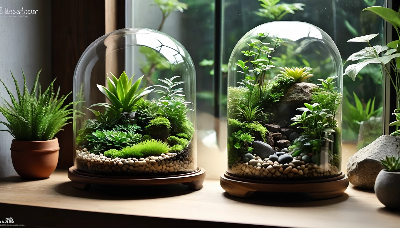 「１Encased in two glass domes、A beautiful and delicate terrarium。Mr.々Various kinds of green plants are harmoniously arranged、Small stones and tree branches are scattered around。Warm natural light pours in、It creates a fantastic atmosphere, as if a small world is spreading inside the terrarium.。Realistic and detailed texture and color、Generate a CG rendered terrarium wallpaper。」