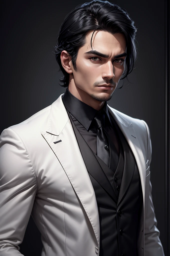 masculine man, wearing black suit, black hair, White skin, looking straight ahead, portrait, dark background, dark background, the most masculine man in the world
