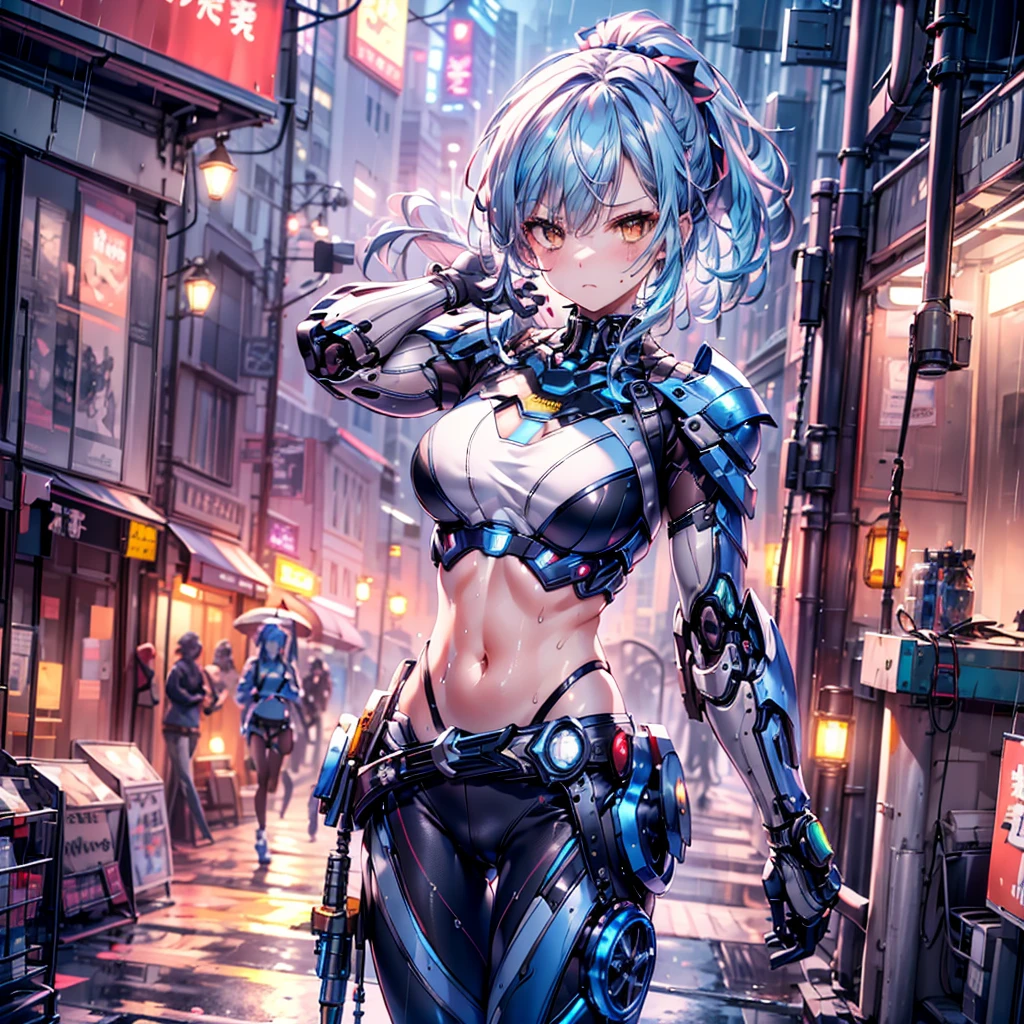 ((Highest quality,masterpiece,detailed,4K)), a mechagirl with blue hair and a top with short sleeves holding a screw driver, 1girl, 独奏, (mechanical body), mecha, long hair, blue hair, navel, gloves,, breasts, sweat, wrench, very long hair, underwear, panties, holding, belt, arm up, ponytail, small breasts, blurry background, gray sky, rain, looking at viewer, black gloves, sports bra, wiping sweat, bow, bare shoulders, bangs, cowboy shot, yellow eyes, midriff, hair bow, (expressionless), face focus