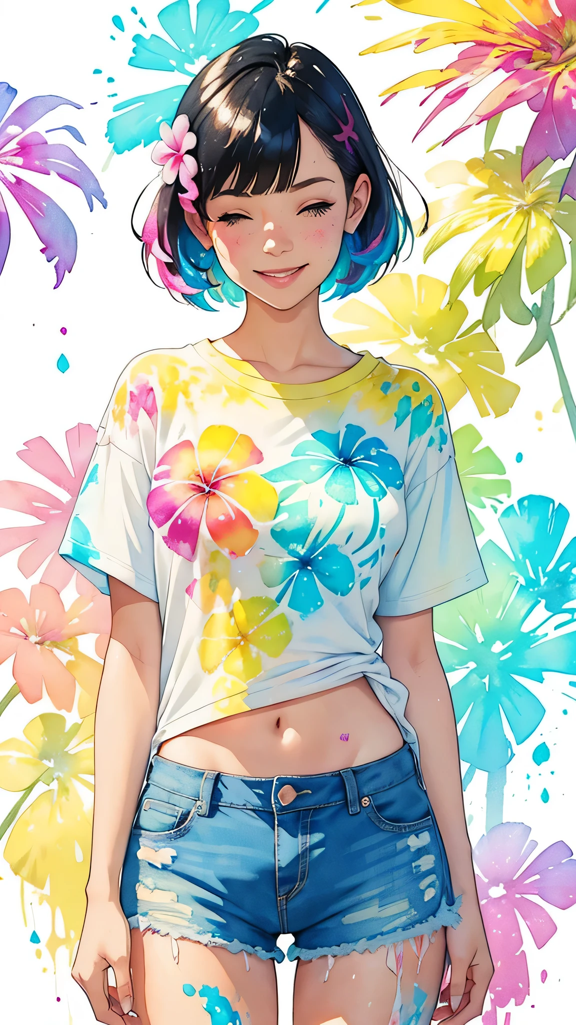 a Plumeria painting with a splatter background and spray paint effect, by Adam hughes, plumeria flower design t-shirt and jean shorts, upper body centered, multi-color hair, closed eyes, big happy smile, watercolor art, watercolor painting, watercolor painting style, watercolor detailed art, watercolor digital painting, watercolor paint, masterfully detailed watercolor, watercolor art