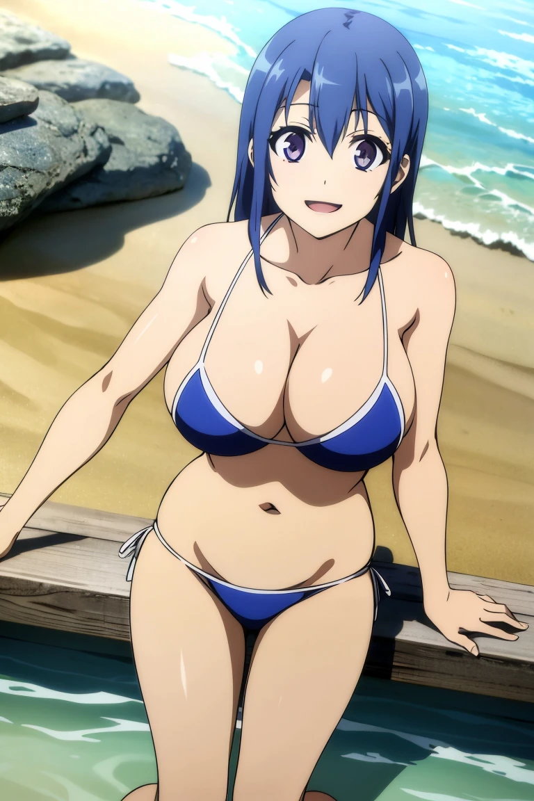 Mesa, Best Quality,1 girl in, (Alone:1.3),blue hair color、wide、(huge breasts:1)、Bikini,a smile、opening your mouth、the beach