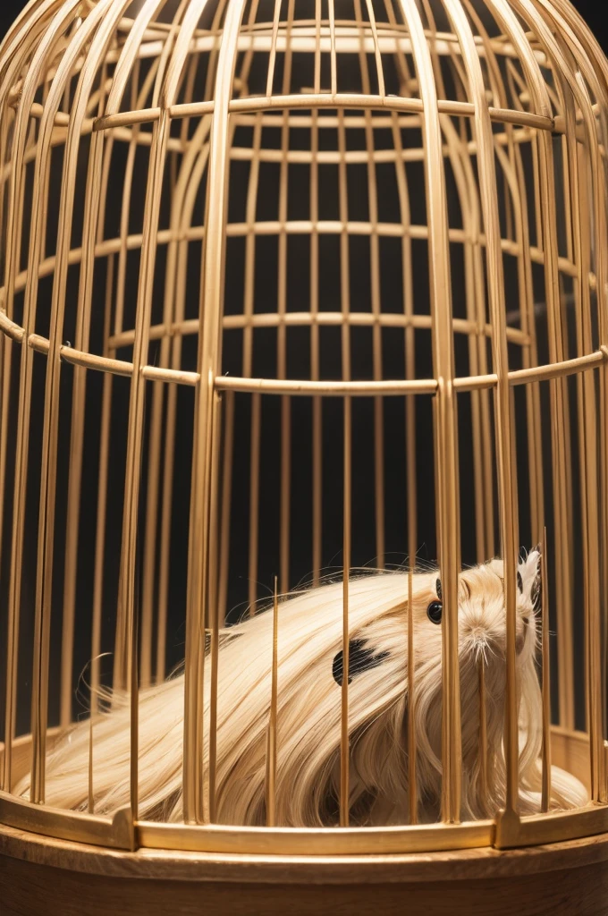 A moth with long blonde hair inside a cage